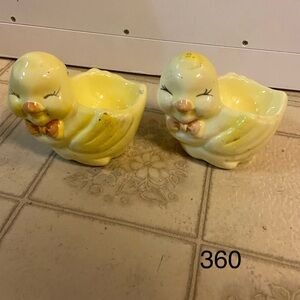 Vintage Yellow Ceramic Chick egg holders duo